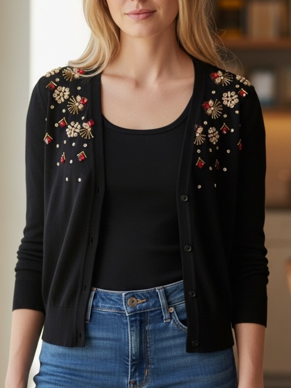 Kate Spade Black Embellished Crewneck Sweater In Cotton Silk Cashmere Blend